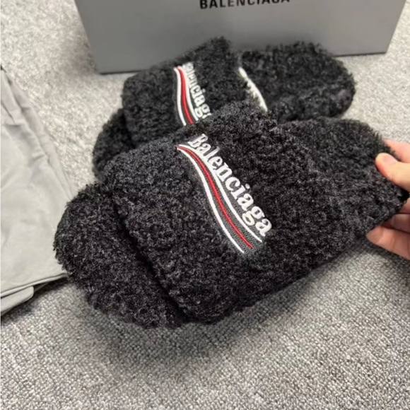 Balenciaga Other - Balenciaga Black Fuzzy Logo Slide Sandals with Red & White Trim